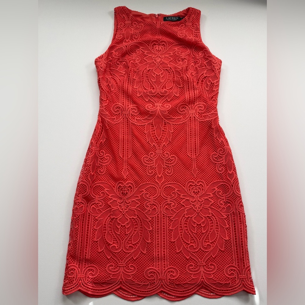 Lauren Ralph Lauren Orange Coral Lace Sheath Dress Size 2 Cocktail Wedding Guest